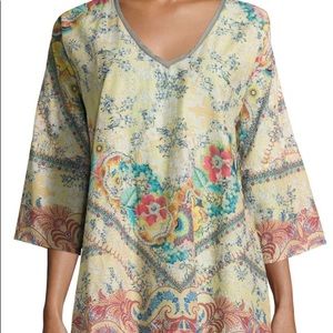 JOHNNY WAS Top DUNES FLORAL TUNIC XS new yellow 3/4 sleeve butter yellow